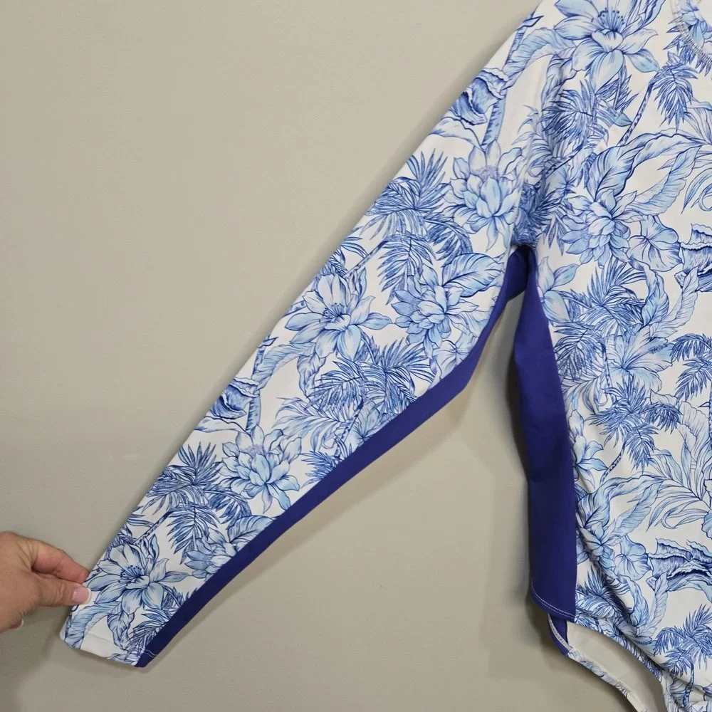 UPF 50 Rash Guard Swimsuit Women 2XL Blue Tropical Floral Long Sleeve One Piece
